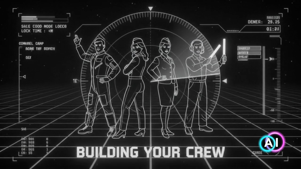 Line-art illustration of four crew members on a digital grid, titled Building your crew