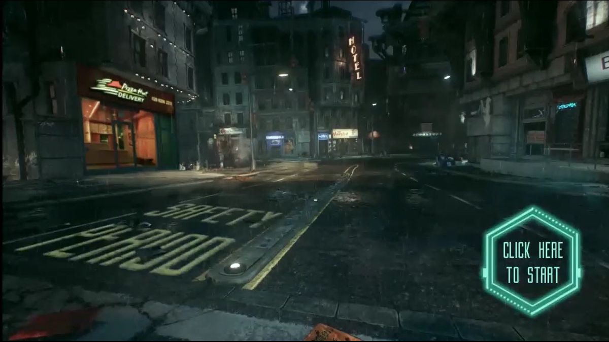 Night-time themed city street with a Click here to start prompt