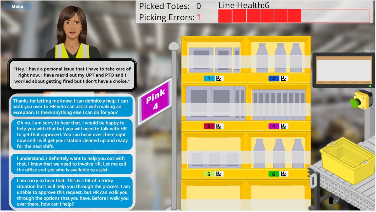 Simulation screen combining a warehouse picking task with a people leadership dialogue choice